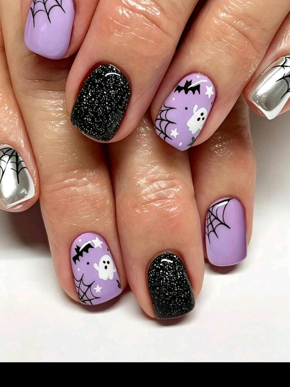 Purple Ghost Bat Spider Web Press-on Nails, Short Square 24pcs